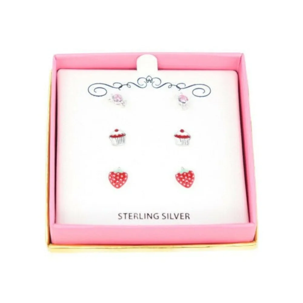 Childrens Sterling Silver/Pink Crystal Stud Earrings Dessert-Inspired Candy/Cupc